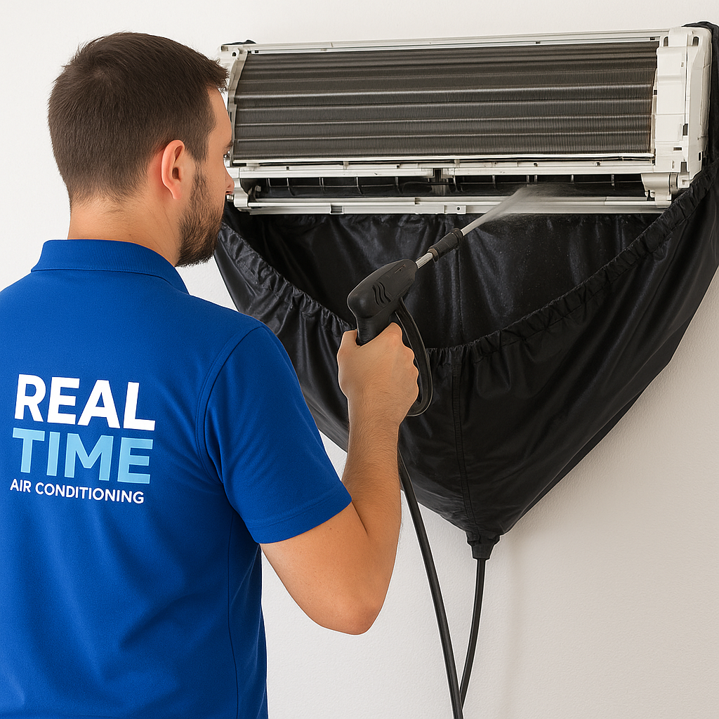 Technician cleaning split system air conditioner with pressure washer - Real Time Air Duct Cleaning