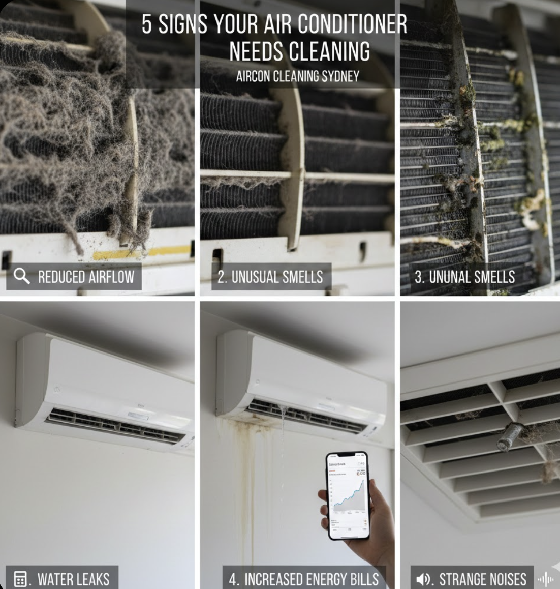 Mould and bacteria inside air conditioner causing bad smell and unhealthy air