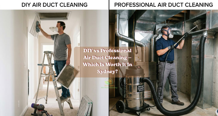 a man is doing diy air duct cleaning by clean air filter and other side a technician is cleaning air duct professionally by professional equipment