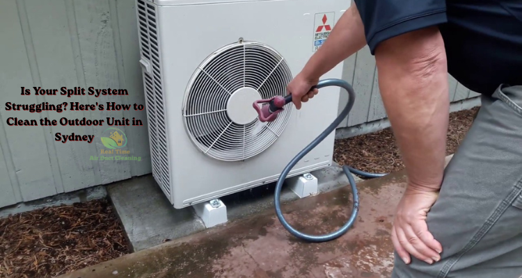 Technician is cleaning split system outdoor unit