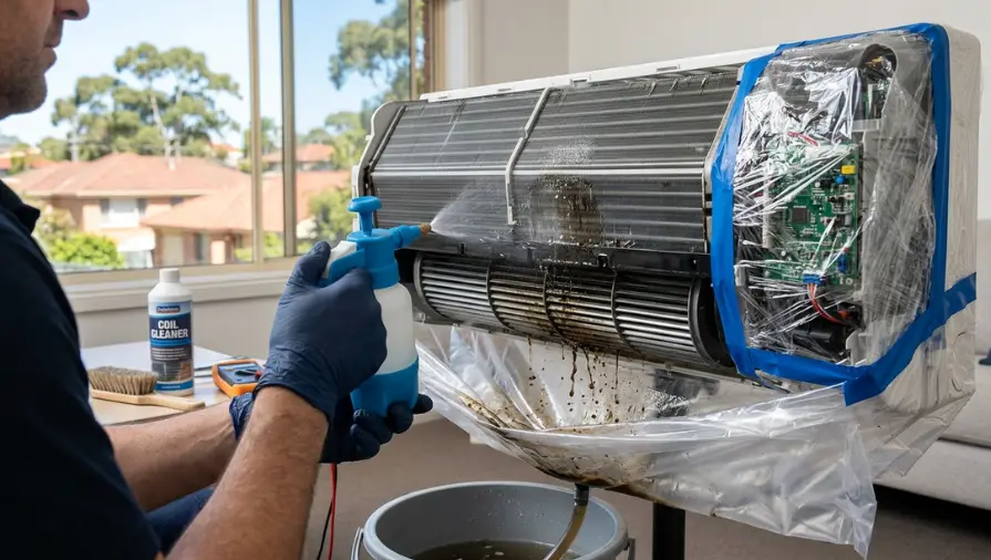 A technician is deep cleaning a split system in Sydney