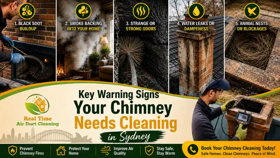 Key warning signs your chimney needs cleaning in Sydney, including soot buildup, smoke backflow, strong odours, water leaks and animal nest blockages.
