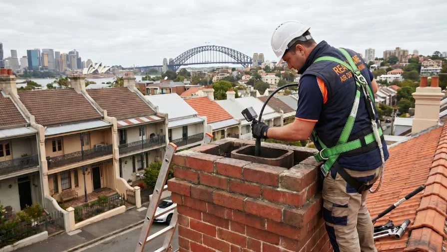 A technician of real time air duct cleaning is inspecting the chimney