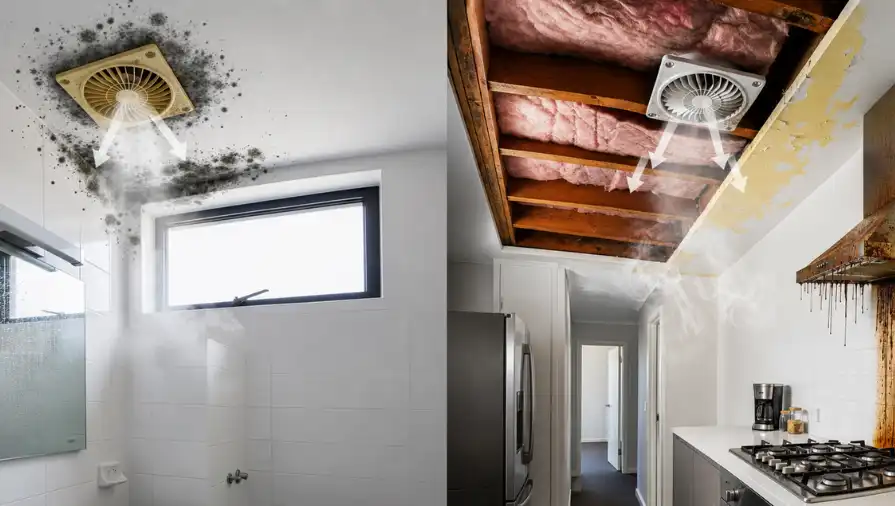A blocked kitchen exhaust fan and bathroom exhaust fan