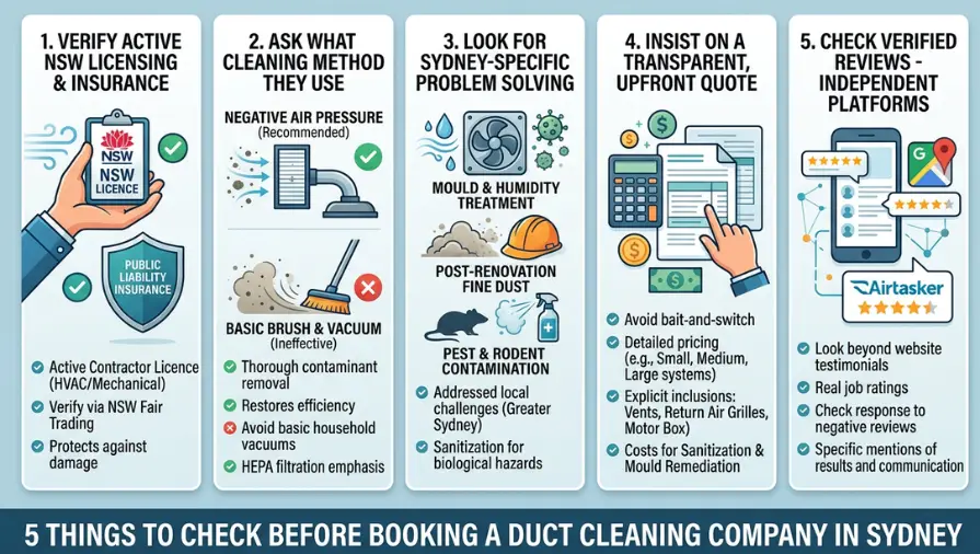 Infographic showing 5 things to check before booking a duct cleaning company in Sydney, including NSW licensing and insurance, negative air pressure cleaning methods, Sydney-specific mould and pest solutions, transparent upfront pricing, and verified customer reviews.