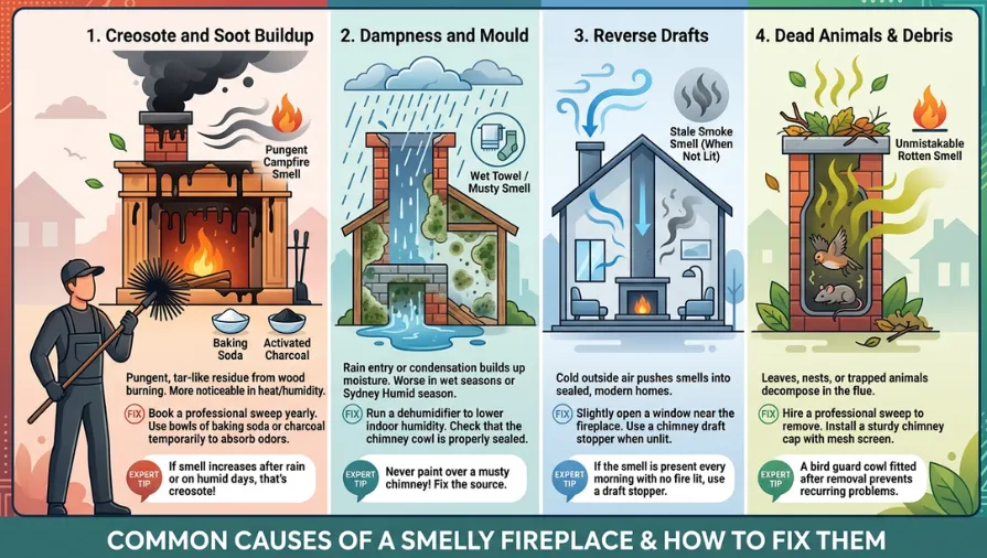 Common causes of a smelly fireplace infographic illustrating creosote buildup, moisture and mould inside the chimney, reverse drafts pulling smoke indoors, and trapped animals or debris, with expert tips and chimney maintenance solutions to remove unpleasant fireplace odours.