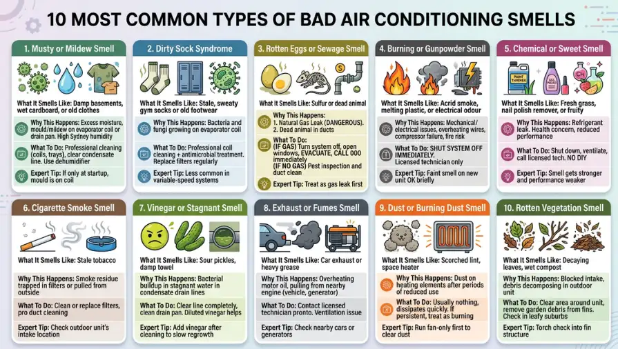 10 most common types of bad air conditioning smells infographic explaining causes, warning signs, and solutions for common AC odours.
