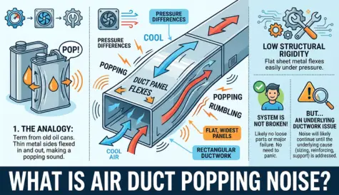 Educational HVAC infographic explaining air duct popping noise caused by oil canning, showing rectangular metal ductwork flexing under airflow pressure, pressure differences, thermal expansion, and structural rigidity issues that create popping and rumbling sounds.