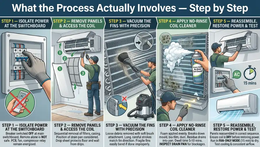 Here is what a technician does when cleaning AC coils properly