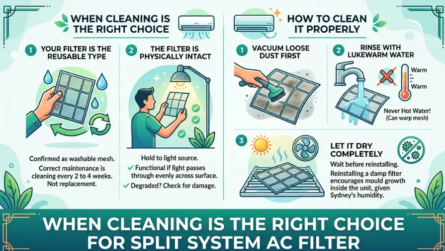 Infographic explaining when cleaning is the right choice for a split system AC filter, featuring reusable washable mesh filters, a light test to check filter condition, proper cleaning steps including vacuuming dust, rinsing with lukewarm water, and completely drying the filter before reinstalling to prevent mould and maintain efficient airflow.