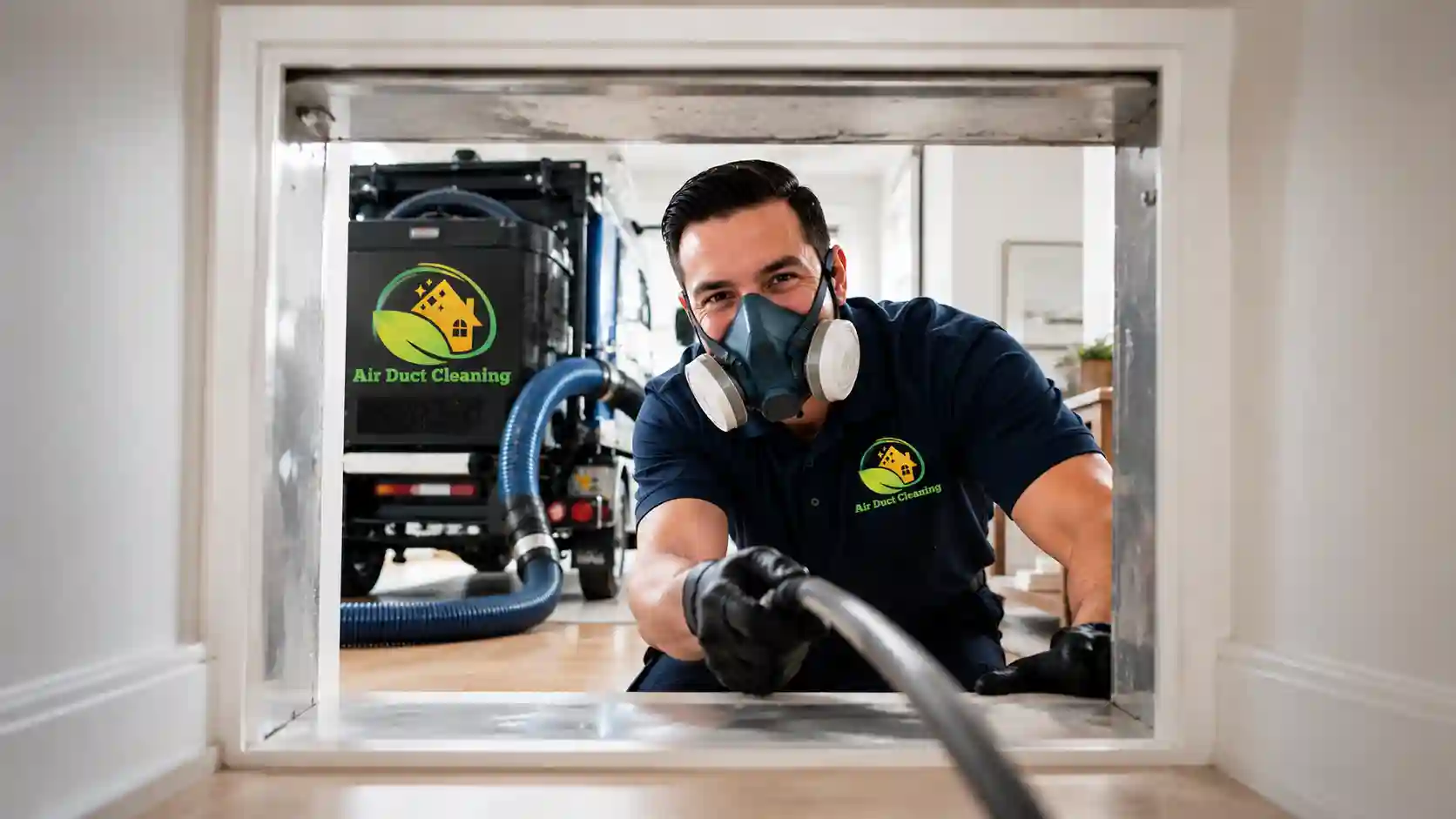 A licensed HVAC technician using professional grade negative pressure equipment and air whips for building dust removal in a Sydney residence.