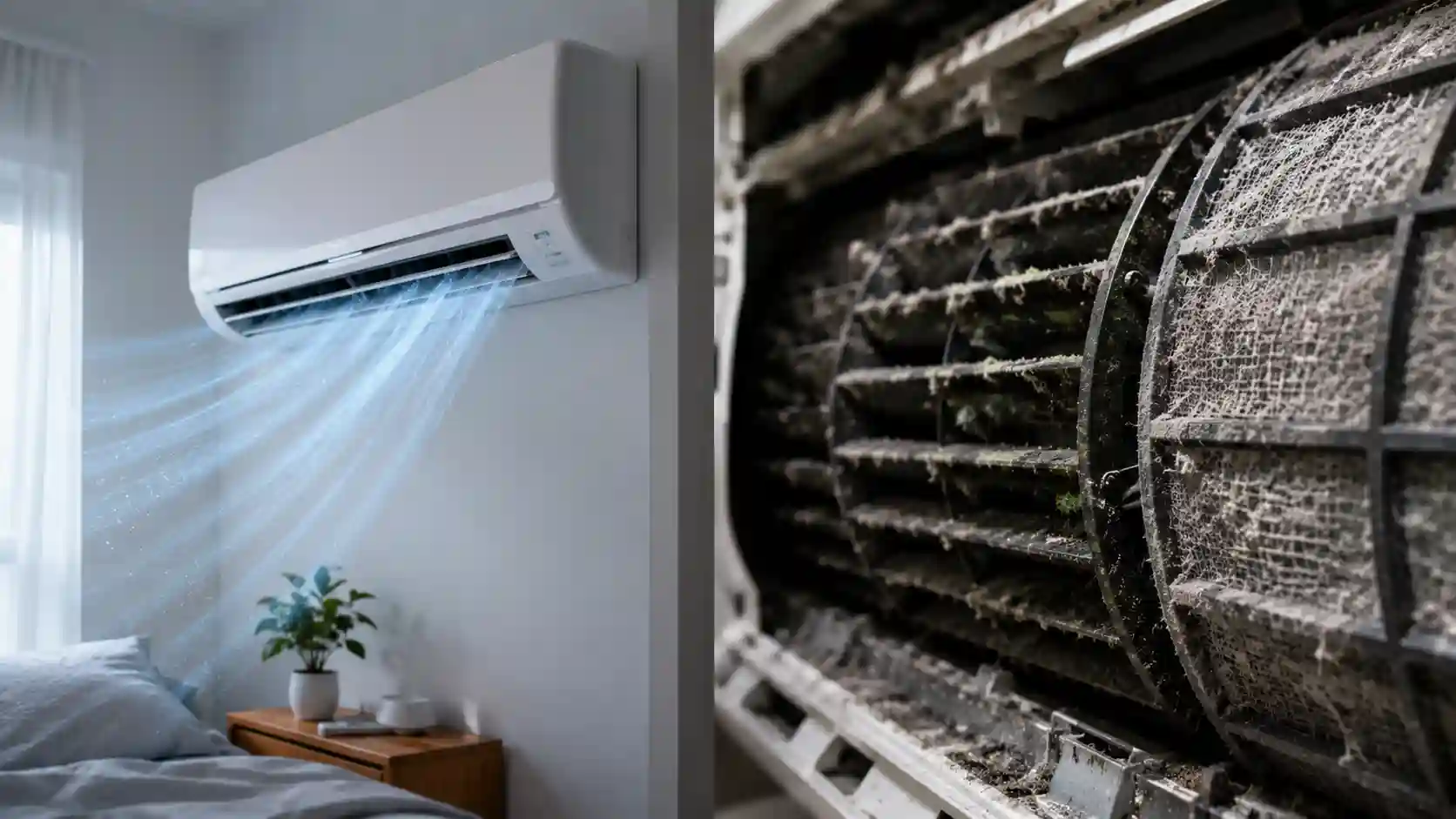 Split view comparing a clean wall-mounted air conditioner blowing cool air in a bedroom to a macro close-up of a filthy internal aircon barrel fan caked in dust and mould.