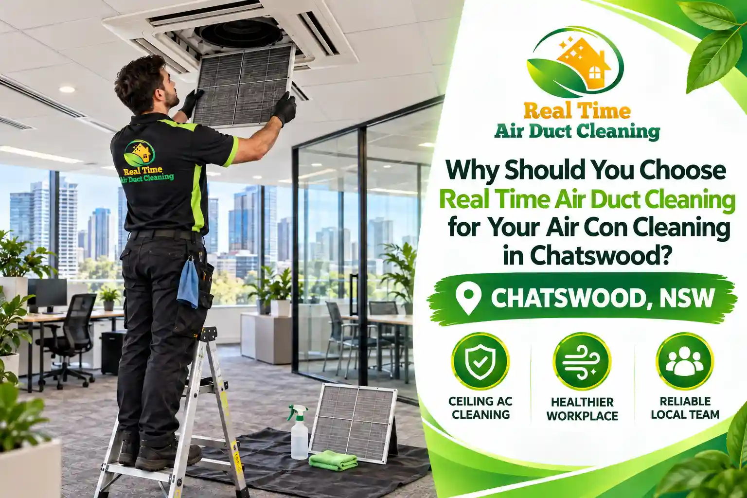 Technician removing and cleaning a ceiling cassette air conditioner filter in a modern Chatswood office