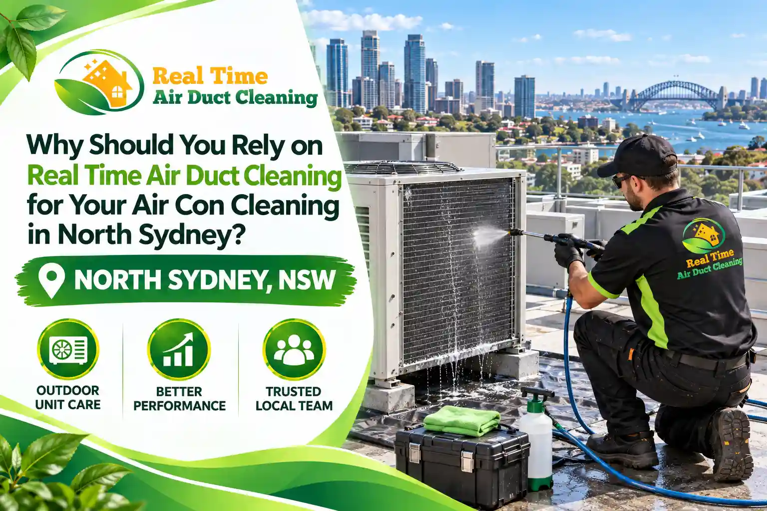 Technician cleaning an outdoor air-conditioning unit on a North Sydney rooftop overlooking Sydney Harbour